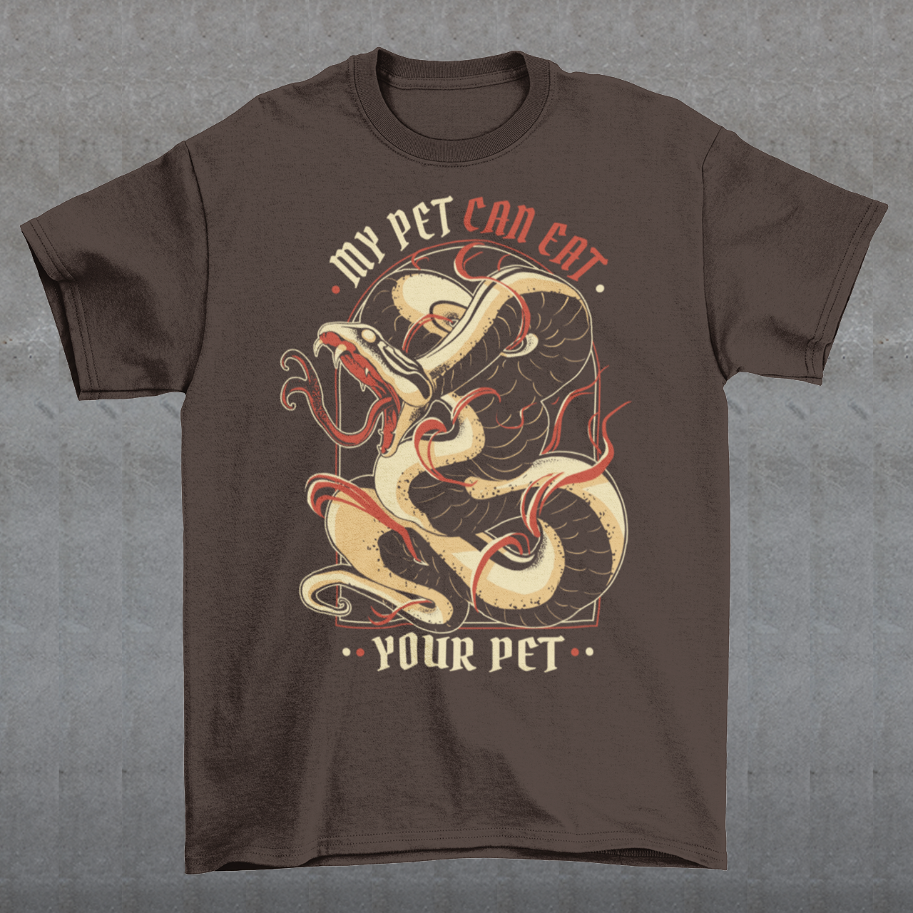 Introducing our edgy and eye-catching t-shirt, where the wild meets the witty: the "MY PET CAN EAT YOUR PET" design. This captivating piece effortlessly combines a striking image of a sinuous and intricately detailed snake with a bold proclamation that's sure to turn heads. At the heart of the design is an incredibly lifelike depiction of a snake, coiled and ready to strike. The artistry and attention to detail showcase every scale, curve, and menacing gaze of this magnificent creature.