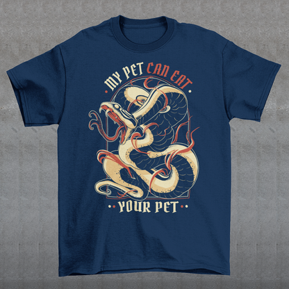 Introducing our edgy and eye-catching t-shirt, where the wild meets the witty: the "MY PET CAN EAT YOUR PET" design. This captivating piece effortlessly combines a striking image of a sinuous and intricately detailed snake with a bold proclamation that's sure to turn heads. At the heart of the design is an incredibly lifelike depiction of a snake, coiled and ready to strike. The artistry and attention to detail showcase every scale, curve, and menacing gaze of this magnificent creature.