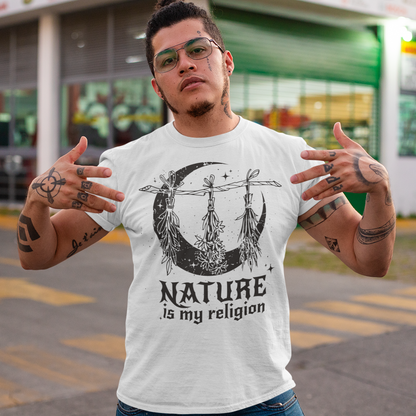 This t-shirt features a stunning and eye-catching design that is sure to grab attention wherever you go. The front of the shirt boldly displays the phrase "Nature is my religion" in bold, striking lettering. The message is a powerful statement that reflects a deep connection and reverence for the natural world. The moon, depicted in intricate detail, adds an extra layer of symbolism to the design.