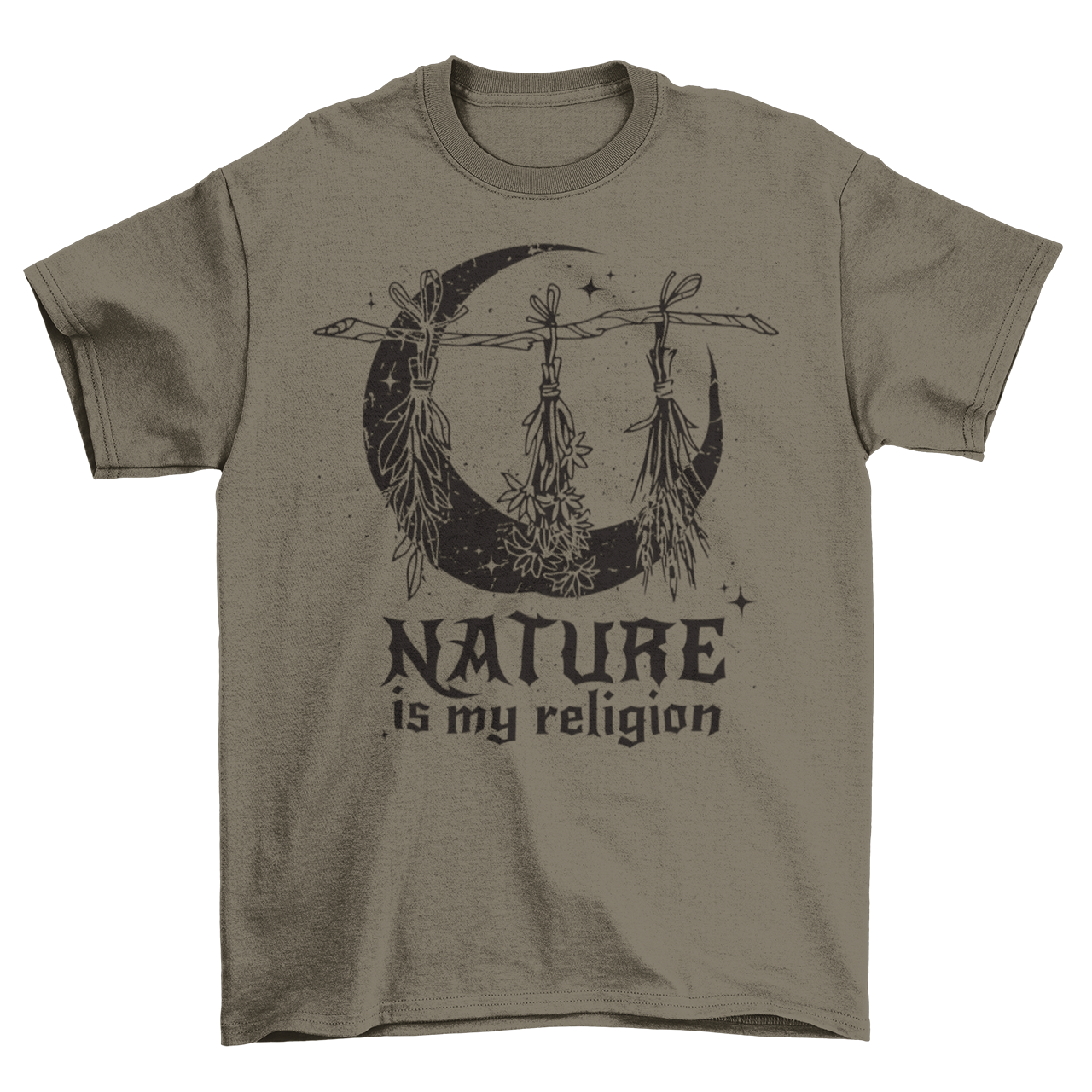 Army t-shirt of witch plants and moon with text "NATURE IS MY RELIGION".