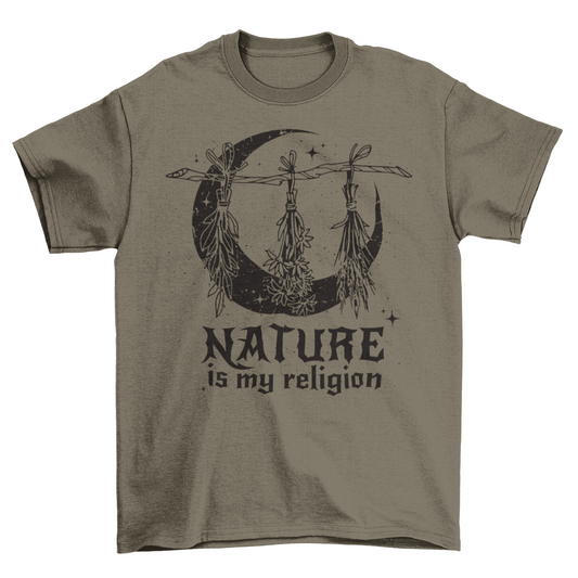 Army t-shirt of witch plants and moon with text "NATURE IS MY RELIGION".