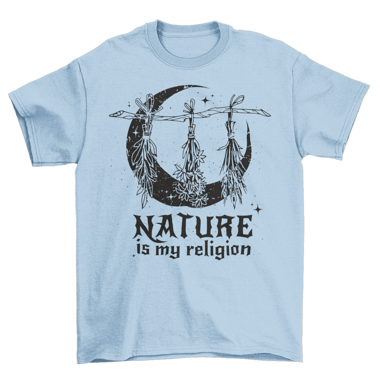 Light blue t-shirt of witch plants and moon with text "NATURE IS MY RELIGION".