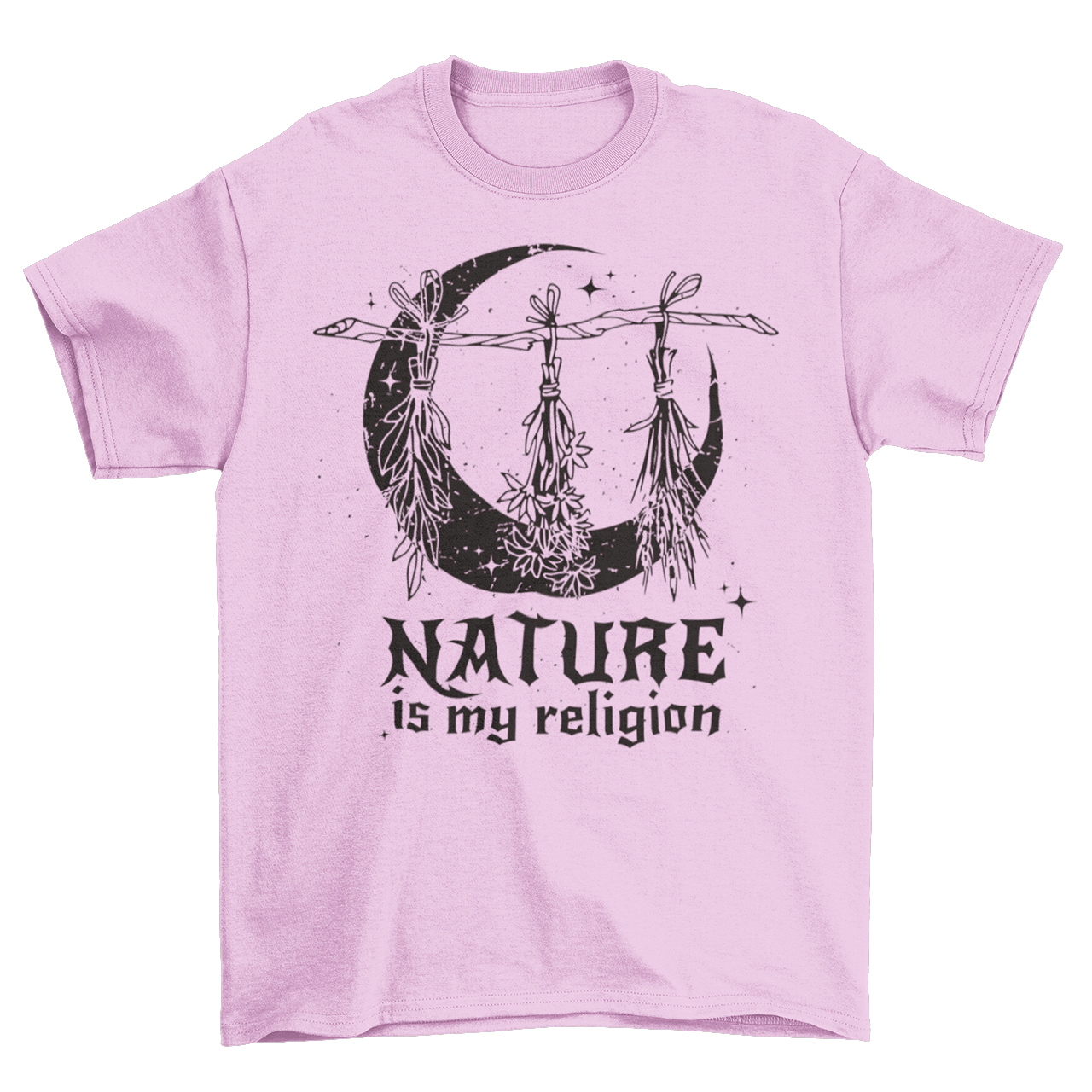 Pink t-shirt of witch plants and moon with text "NATURE IS MY RELIGION".