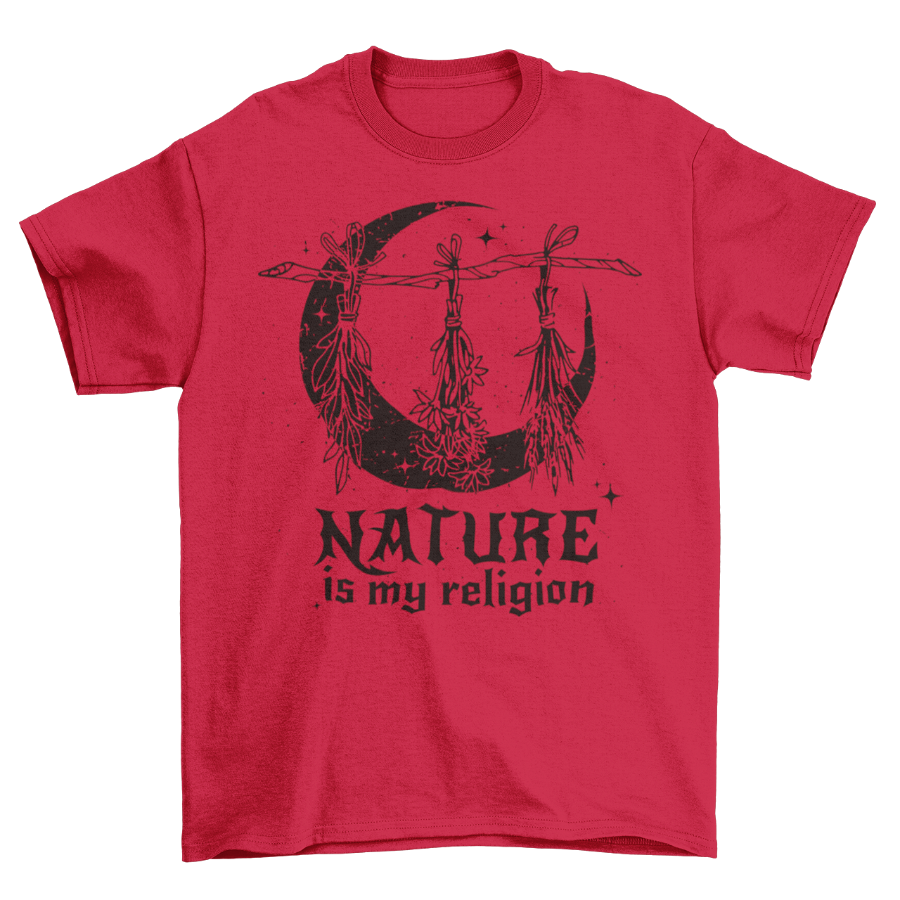 Red t-shirt of witch plants and moon with text "NATURE IS MY RELIGION".