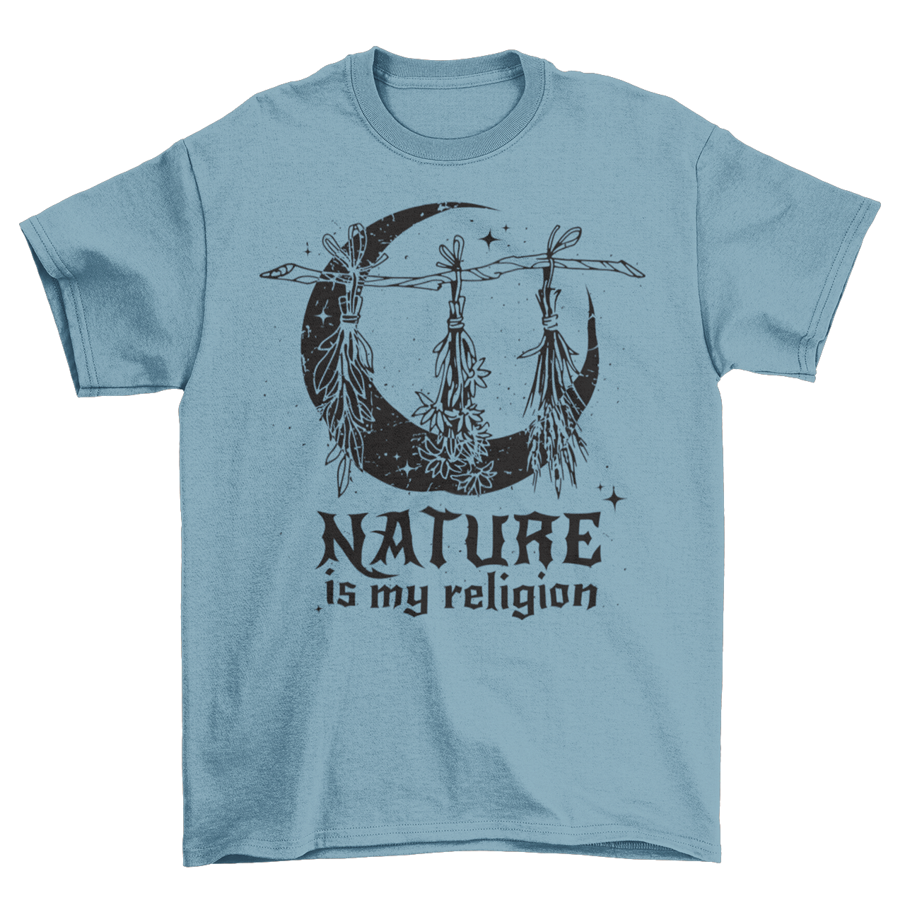 Steel blue t-shirt of witch plants and moon with text "NATURE IS MY RELIGION".