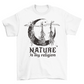 White t-shirt of witch plants and moon with text "NATURE IS MY RELIGION".