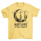 Yellow t-shirt of witch plants and moon with text "NATURE IS MY RELIGION".