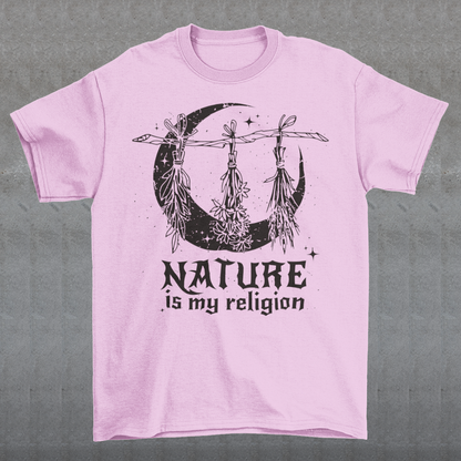 This t-shirt features a stunning and eye-catching design that is sure to grab attention wherever you go. The front of the shirt boldly displays the phrase "Nature is my religion" in bold, striking lettering. The message is a powerful statement that reflects a deep connection and reverence for the natural world. The moon, depicted in intricate detail, adds an extra layer of symbolism to the design.