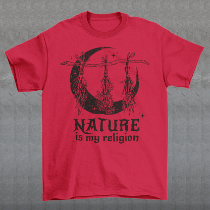 This t-shirt features a stunning and eye-catching design that is sure to grab attention wherever you go. The front of the shirt boldly displays the phrase "Nature is my religion" in bold, striking lettering. The message is a powerful statement that reflects a deep connection and reverence for the natural world. The moon, depicted in intricate detail, adds an extra layer of symbolism to the design.