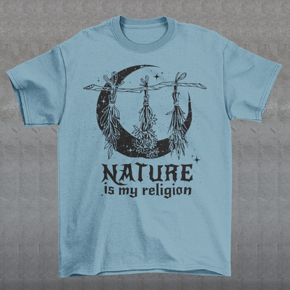 This t-shirt features a stunning and eye-catching design that is sure to grab attention wherever you go. The front of the shirt boldly displays the phrase "Nature is my religion" in bold, striking lettering. The message is a powerful statement that reflects a deep connection and reverence for the natural world. The moon, depicted in intricate detail, adds an extra layer of symbolism to the design.