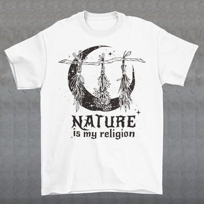 This t-shirt features a stunning and eye-catching design that is sure to grab attention wherever you go. The front of the shirt boldly displays the phrase "Nature is my religion" in bold, striking lettering. The message is a powerful statement that reflects a deep connection and reverence for the natural world. The moon, depicted in intricate detail, adds an extra layer of symbolism to the design.