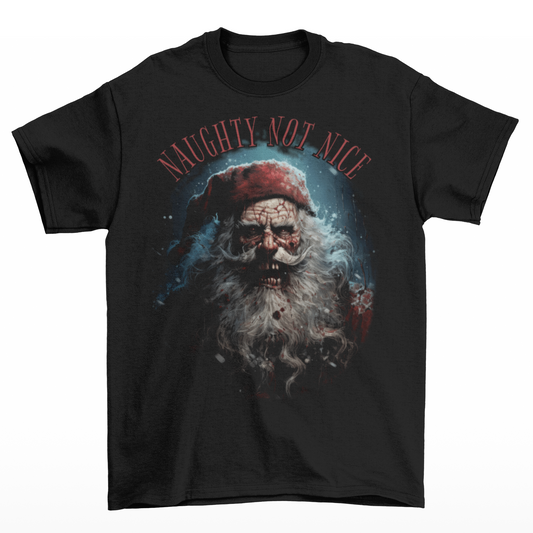 Black christmas t-shirt of a scary santa with text  "NAUGHTY NOT NICE".