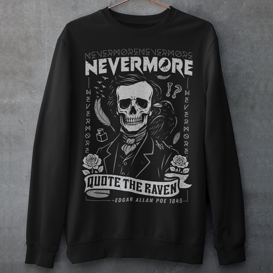 Quote The Raven Nevermore Sweatshirt - Edgar Allen Poe Shirt. Step into the haunting world of classic literature with this striking “Nevermore” t-shirt, inspired by the timeless work of Edgar Allan Poe. Featuring a skeletal portrait of the iconic poet alongside a watchful raven, this design captures the eerie essence of The Raven with bold gothic flair. Surrounded by dark symbolism like feathers, ink, and cryptic details, the artwork evokes a sense of mystery, melancholy, and poetic obsession.