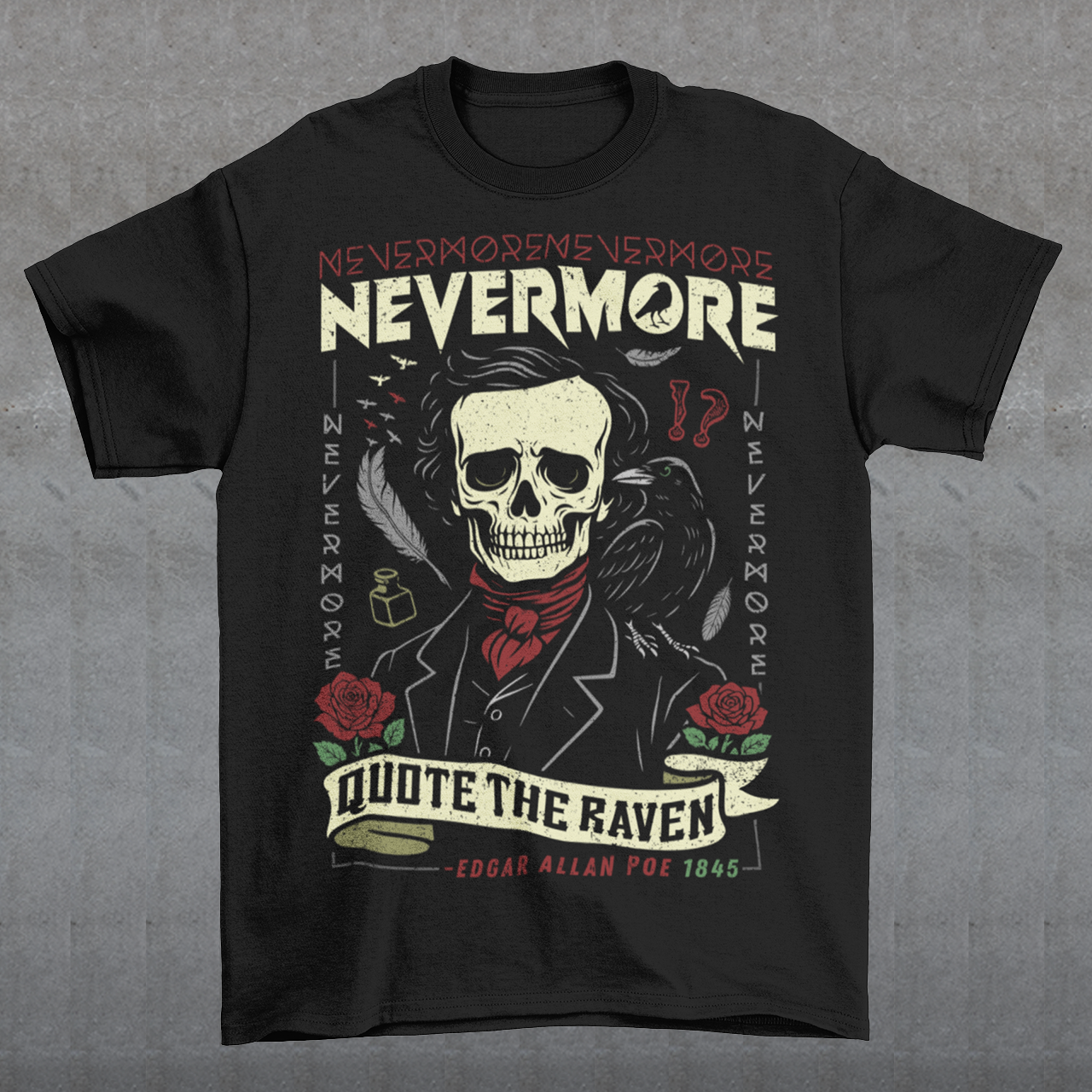 Quote The Raven Nevermore T-Shirt - Edgar Allen Poe Shirt. Step into the haunting world of classic literature with this striking “Nevermore” graphic t-shirt, inspired by the timeless work of Edgar Allan Poe. Featuring a skeletal portrait of the iconic poet alongside a watchful raven, this design captures the eerie essence of The Raven with bold gothic flair. Surrounded by dark symbolism like feathers, ink, and cryptic details, the artwork evokes a sense of mystery, melancholy, and poetic obsession.