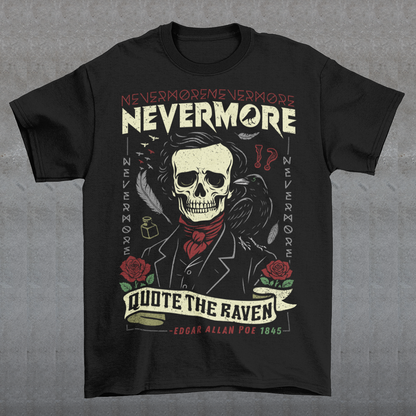 Quote The Raven Nevermore T-Shirt - Edgar Allen Poe Shirt. Step into the haunting world of classic literature with this striking “Nevermore” graphic t-shirt, inspired by the timeless work of Edgar Allan Poe. Featuring a skeletal portrait of the iconic poet alongside a watchful raven, this design captures the eerie essence of The Raven with bold gothic flair. Surrounded by dark symbolism like feathers, ink, and cryptic details, the artwork evokes a sense of mystery, melancholy, and poetic obsession.