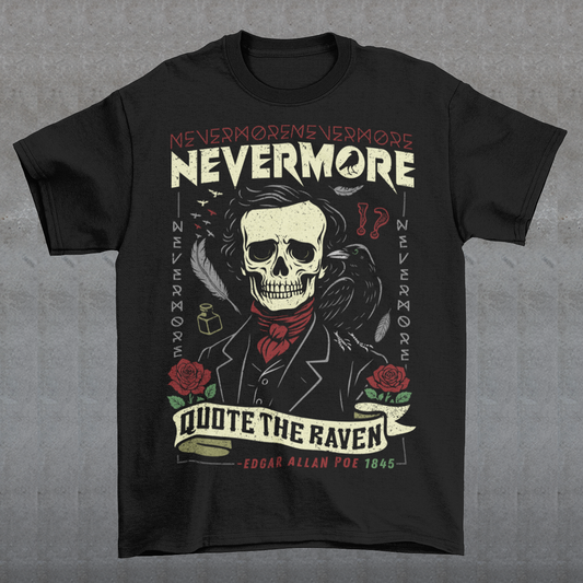 Quote The Raven Nevermore T-Shirt - Edgar Allen Poe Shirt. Step into the haunting world of classic literature with this striking “Nevermore” graphic t-shirt, inspired by the timeless work of Edgar Allan Poe. Featuring a skeletal portrait of the iconic poet alongside a watchful raven, this design captures the eerie essence of The Raven with bold gothic flair. Surrounded by dark symbolism like feathers, ink, and cryptic details, the artwork evokes a sense of mystery, melancholy, and poetic obsession.