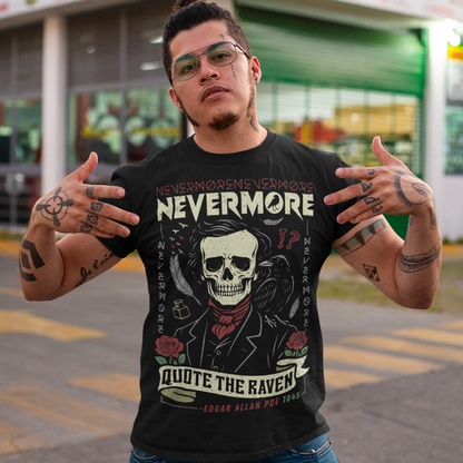 Quote The Raven Nevermore T-Shirt - Edgar Allen Poe Shirt. Step into the haunting world of classic literature with this striking “Nevermore” graphic t-shirt, inspired by the timeless work of Edgar Allan Poe. Featuring a skeletal portrait of the iconic poet alongside a watchful raven, this design captures the eerie essence of The Raven with bold gothic flair. Surrounded by dark symbolism like feathers, ink, and cryptic details, the artwork evokes a sense of mystery, melancholy, and poetic obsession.