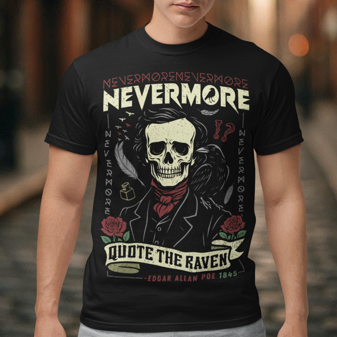 Quote The Raven Nevermore T-Shirt - Edgar Allen Poe Shirt. Step into the haunting world of classic literature with this striking “Nevermore” graphic t-shirt, inspired by the timeless work of Edgar Allan Poe. Featuring a skeletal portrait of the iconic poet alongside a watchful raven, this design captures the eerie essence of The Raven with bold gothic flair. Surrounded by dark symbolism like feathers, ink, and cryptic details, the artwork evokes a sense of mystery, melancholy, and poetic obsession.