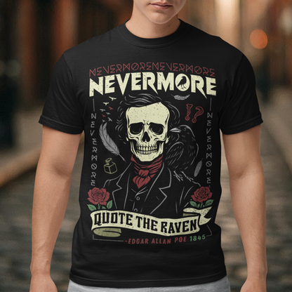 Quote The Raven Nevermore T-Shirt - Edgar Allen Poe Shirt. Step into the haunting world of classic literature with this striking “Nevermore” graphic t-shirt, inspired by the timeless work of Edgar Allan Poe. Featuring a skeletal portrait of the iconic poet alongside a watchful raven, this design captures the eerie essence of The Raven with bold gothic flair. Surrounded by dark symbolism like feathers, ink, and cryptic details, the artwork evokes a sense of mystery, melancholy, and poetic obsession.