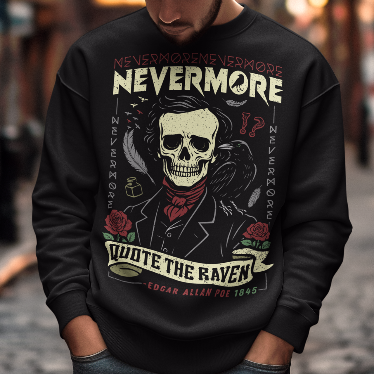 Quote The Raven Nevermore Sweatshirt - Edgar Allen Poe Shirt. Step into the haunting world of classic literature with this striking “Nevermore” t-shirt, inspired by the timeless work of Edgar Allan Poe. Featuring a skeletal portrait of the iconic poet alongside a watchful raven, this design captures the eerie essence of The Raven with bold gothic flair. Surrounded by dark symbolism like feathers, ink, and cryptic details, the artwork evokes a sense of mystery, melancholy, and poetic obsession.