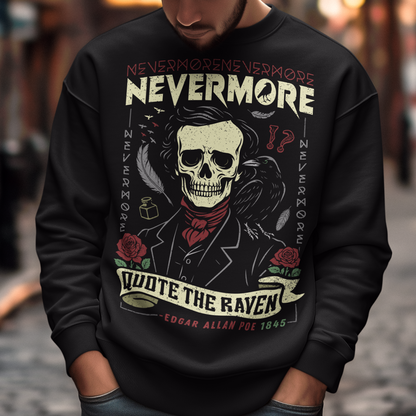 Quote The Raven Nevermore Sweatshirt - Edgar Allen Poe Shirt. Step into the haunting world of classic literature with this striking “Nevermore” t-shirt, inspired by the timeless work of Edgar Allan Poe. Featuring a skeletal portrait of the iconic poet alongside a watchful raven, this design captures the eerie essence of The Raven with bold gothic flair. Surrounded by dark symbolism like feathers, ink, and cryptic details, the artwork evokes a sense of mystery, melancholy, and poetic obsession.