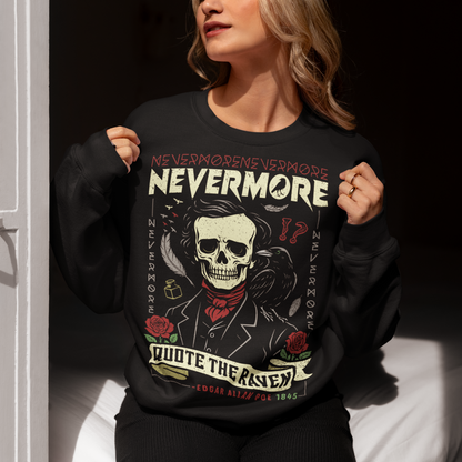Quote The Raven Nevermore Sweatshirt - Edgar Allen Poe Shirt. Step into the haunting world of classic literature with this striking “Nevermore” t-shirt, inspired by the timeless work of Edgar Allan Poe. Featuring a skeletal portrait of the iconic poet alongside a watchful raven, this design captures the eerie essence of The Raven with bold gothic flair. Surrounded by dark symbolism like feathers, ink, and cryptic details, the artwork evokes a sense of mystery, melancholy, and poetic obsession.