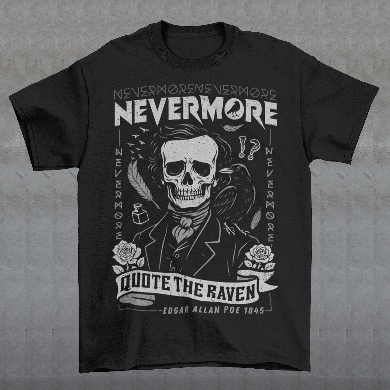 Quote The Raven Nevermore T-Shirt - Edgar Allen Poe Shirt. Step into the haunting world of classic literature with this striking “Nevermore” graphic t-shirt, inspired by the timeless work of Edgar Allan Poe. Featuring a skeletal portrait of the iconic poet alongside a watchful raven, this design captures the eerie essence of The Raven with bold gothic flair. Surrounded by dark symbolism like feathers, ink, and cryptic details, the artwork evokes a sense of mystery, melancholy, and poetic obsession.