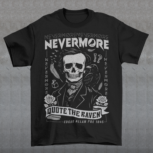 Quote The Raven Nevermore T-Shirt - Edgar Allen Poe Shirt. Step into the haunting world of classic literature with this striking “Nevermore” graphic t-shirt, inspired by the timeless work of Edgar Allan Poe. Featuring a skeletal portrait of the iconic poet alongside a watchful raven, this design captures the eerie essence of The Raven with bold gothic flair. Surrounded by dark symbolism like feathers, ink, and cryptic details, the artwork evokes a sense of mystery, melancholy, and poetic obsession.
