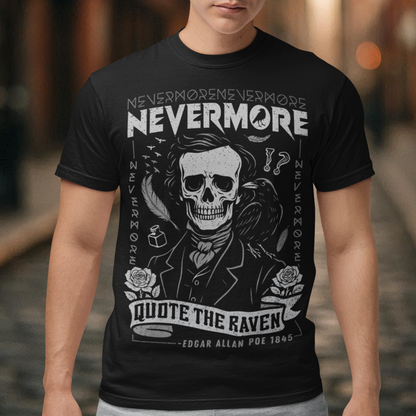 Quote The Raven Nevermore T-Shirt - Edgar Allen Poe Shirt. Step into the haunting world of classic literature with this striking “Nevermore” t-shirt, inspired by the timeless work of Edgar Allan Poe. Featuring a skeletal portrait of the iconic poet alongside a watchful raven, this design captures the eerie essence of The Raven with bold gothic flair. Surrounded by dark symbolism like feathers, ink, and cryptic details, the artwork evokes a sense of mystery, melancholy, and poetic obsession.