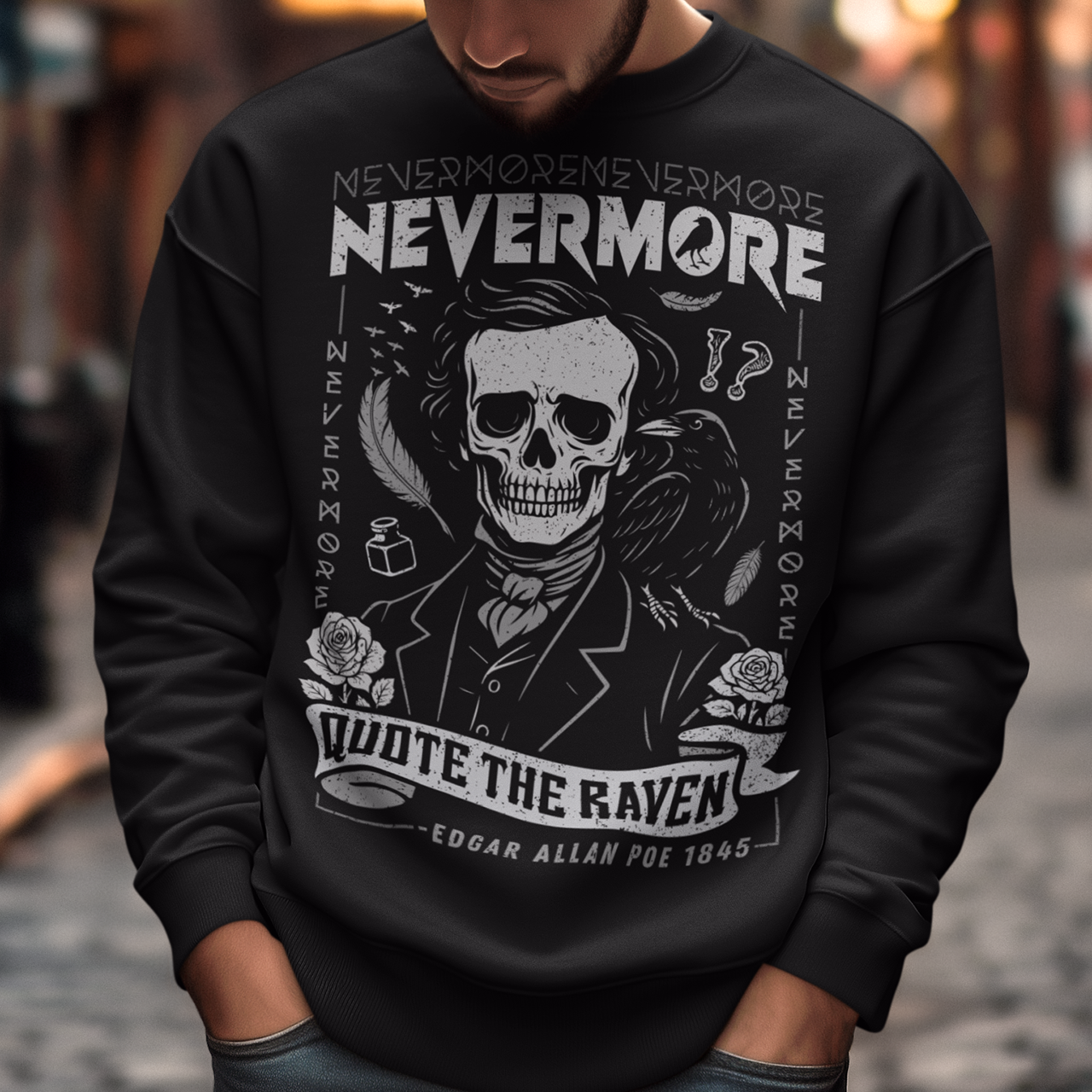 Quote The Raven Nevermore Sweatshirt - Edgar Allen Poe Shirt. Step into the haunting world of classic literature with this striking “Nevermore” t-shirt, inspired by the timeless work of Edgar Allan Poe. Featuring a skeletal portrait of the iconic poet alongside a watchful raven, this design captures the eerie essence of The Raven with bold gothic flair. Surrounded by dark symbolism like feathers, ink, and cryptic details, the artwork evokes a sense of mystery, melancholy, and poetic obsession.