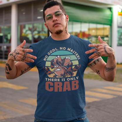 Introducing our captivating and thought-provoking "No Gods, No Masters, There is Just Crab" T-shirt! This unique design features three enigmatic crabs set against a mesmerizing retro sun background. It's more than just a shirt; it's a statement. The crabs, with their intricate details and commanding presence, symbolize self-reliance, independence, and the idea that we are the masters of our own destiny.