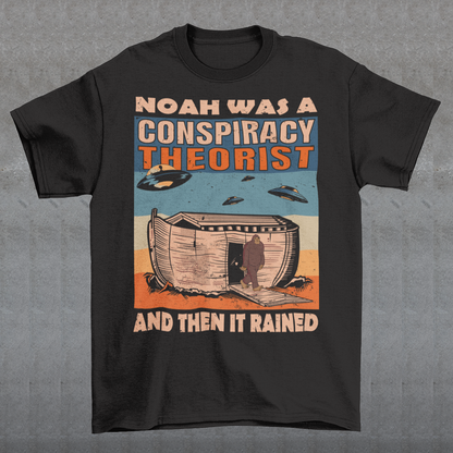 Introducing our unique and eye-catching Noah's Ark Conspiracy Theory T-Shirt! This extraordinary design combines elements of ancient folklore, modern conspiracy theories, and a touch of retro nostalgia, making it a conversation starter wherever you go. The central focus of the design features the legendary Noah's Ark, but with a twist. Outside the ark are the enigmatic figures of Bigfoot and hovering UFOs.