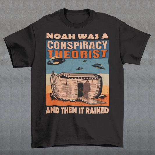 Introducing our unique and eye-catching Noah's Ark Conspiracy Theory T-Shirt! This extraordinary design combines elements of ancient folklore, modern conspiracy theories, and a touch of retro nostalgia, making it a conversation starter wherever you go. The central focus of the design features the legendary Noah's Ark, but with a twist. Outside the ark are the enigmatic figures of Bigfoot and hovering UFOs.
