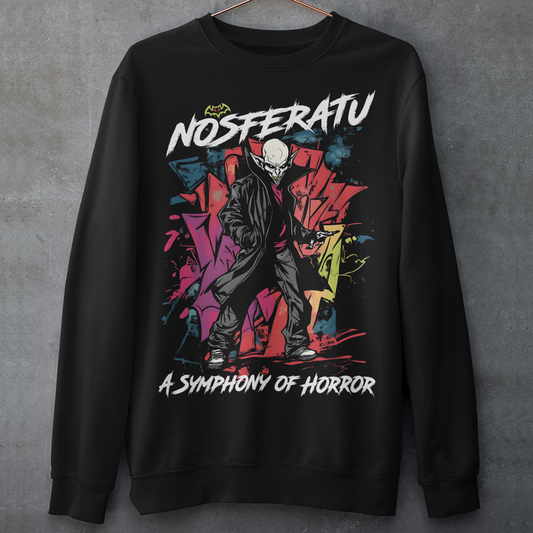 Black sweatshirt of a graffiti style Nosferatu with text above NOSFERATU and text below A SYMPHONY OF HORROR.