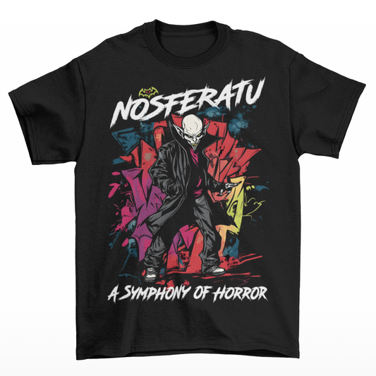 Black t-shirt of a graffiti style Nosferatu with text above NOSFERATU and text below A SYMPHONY OF HORROR.