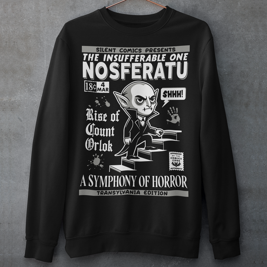 Black sweatshirt of a comic book cover of Nosferatu. A symphony of horror.