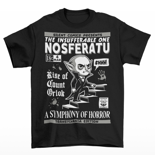 Black t-shirt of a comic book cover of Nosferatu. A symphony of horror.