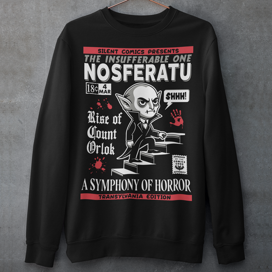 Black sweatshirt of a comic book cover of Nosferatu. A symphony of horror.