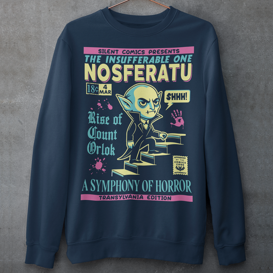 Navy sweatshirt of a comic book cover of Nosferatu. A symphony of horror.