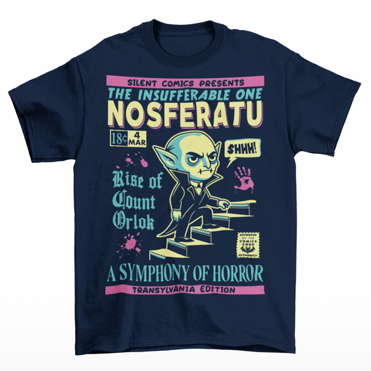 Navy t-shirt of a comic book cover of Nosferatu. A symphony of horror.