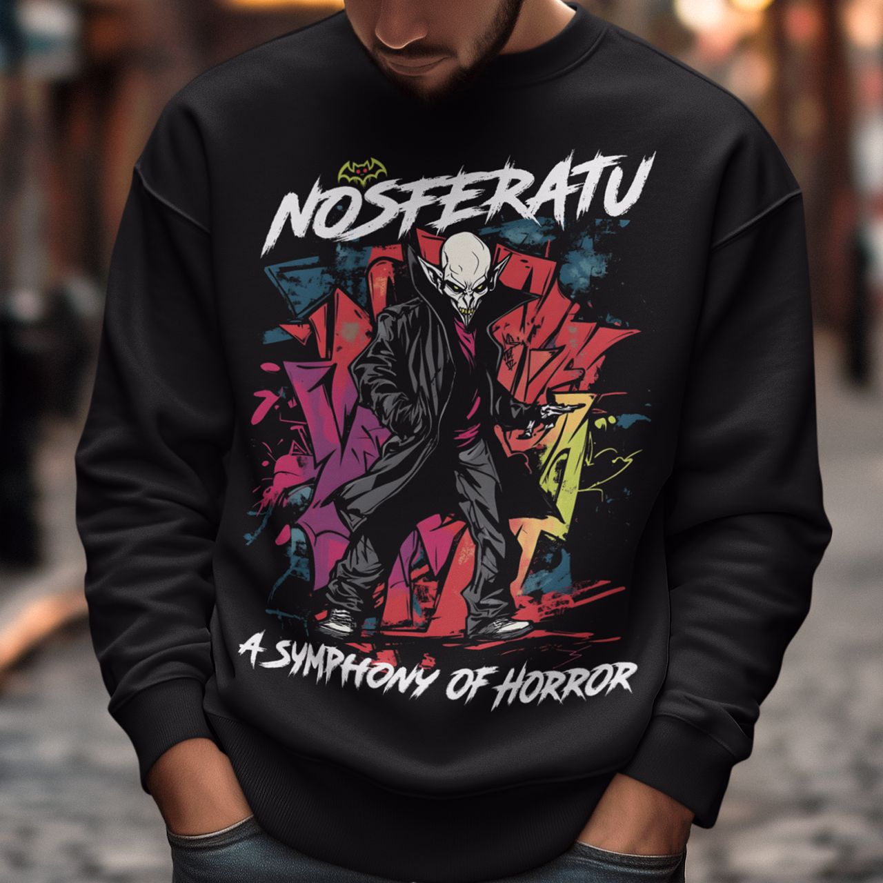 Black sweatshirt of a graffiti style Nosferatu with text above NOSFERATU and text below A SYMPHONY OF HORROR.