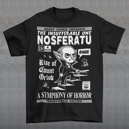 Unleash the eerie allure of classic horror with this Nosferatu comic book cover t-shirt! The design features a stunning vintage-style comic book rendition of the iconic vampire, Count Orlok, emerging from the shadows. Perfect for fans of classic horror, retro comics, and timeless gothic vibes, this t-shirt is a wearable piece of cinematic and artistic history.