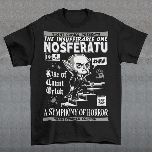 Unleash the eerie allure of classic horror with this Nosferatu comic book cover t-shirt! The design features a stunning vintage-style comic book rendition of the iconic vampire, Count Orlok, emerging from the shadows. Perfect for fans of classic horror, retro comics, and timeless gothic vibes, this t-shirt is a wearable piece of cinematic and artistic history.