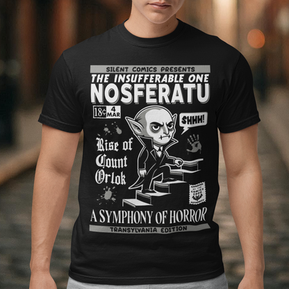 Unleash the eerie allure of classic horror with this Nosferatu comic book cover t-shirt! The design features a stunning vintage-style comic book rendition of the iconic vampire, Count Orlok, emerging from the shadows. Perfect for fans of classic horror, retro comics, and timeless gothic vibes, this t-shirt is a wearable piece of cinematic and artistic history.