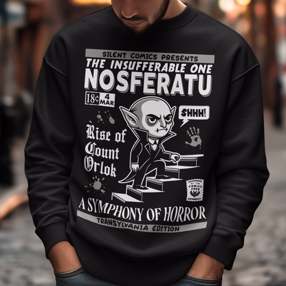 Black sweatshirt of a comic book cover of Nosferatu. A symphony of horror.