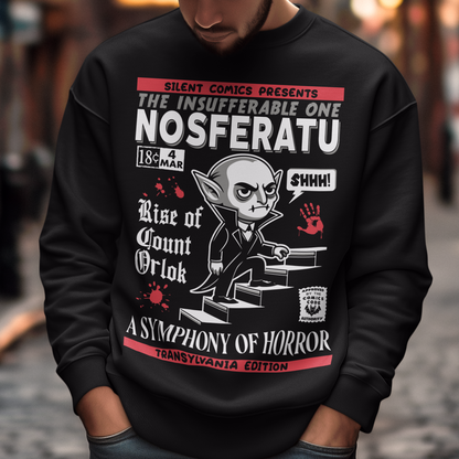 Black sweatshirt of a comic book cover of Nosferatu. A symphony of horror.