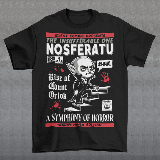 Unleash the eerie allure of classic horror with this Nosferatu comic book cover t-shirt! The design features a stunning vintage-style comic book rendition of the iconic vampire, Count Orlok, emerging from the shadows. Perfect for fans of classic horror, retro comics, and timeless gothic vibes, this t-shirt is a wearable piece of cinematic and artistic history.