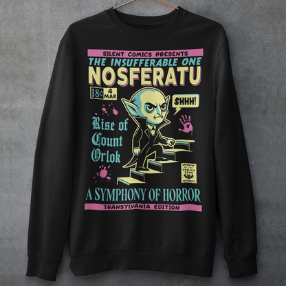 Black sweatshirt of a comic book cover of Nosferatu. A symphony of horror.