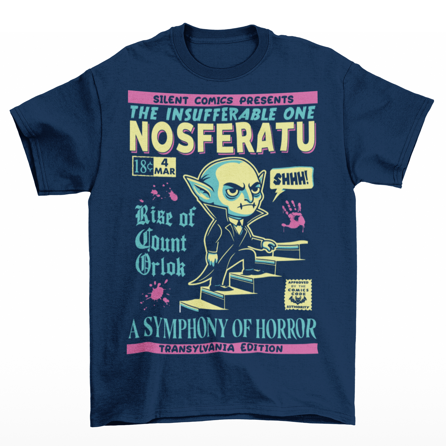 Unleash the eerie allure of classic horror with this Nosferatu comic book cover t-shirt! The design features a stunning vintage-style comic book rendition of the iconic vampire, Count Orlok, emerging from the shadows. Perfect for fans of classic horror, retro comics, and timeless gothic vibes, this t-shirt is a wearable piece of cinematic and artistic history.