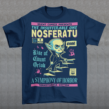 Unleash the eerie allure of classic horror with this Nosferatu comic book cover t-shirt! The design features a stunning vintage-style comic book rendition of the iconic vampire, Count Orlok, emerging from the shadows. Perfect for fans of classic horror, retro comics, and timeless gothic vibes, this t-shirt is a wearable piece of cinematic and artistic history.